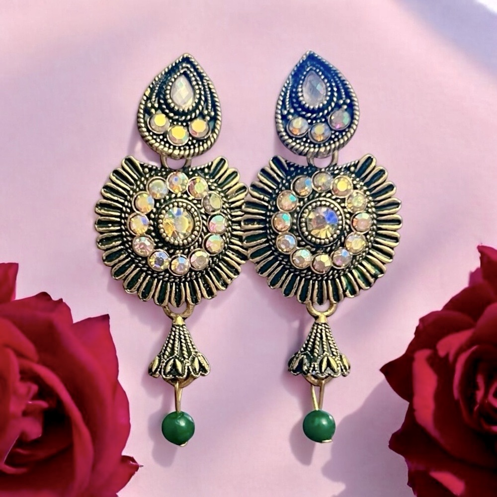 Ornate Gold and Green Teardrop Earrings
